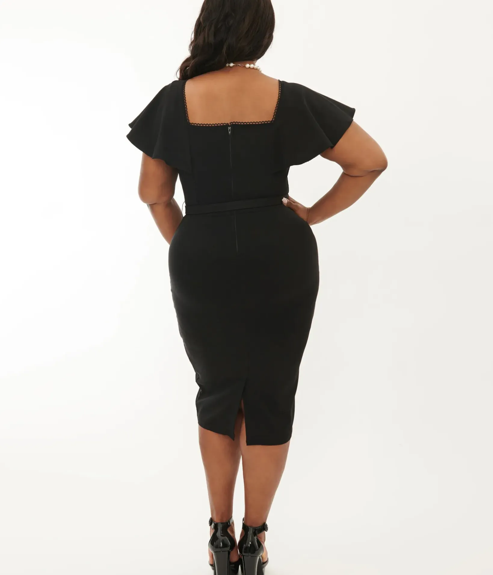 Unique Vintage Pencil|Pencil>Plus Size 1940s Black Flutter Sleeve Sweetheart Wiggle Dress
