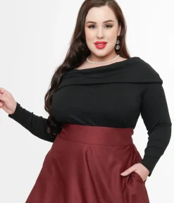 Unique Vintage All Things Black>Plus Size 1960s Black Folded Shoulder Knit Top