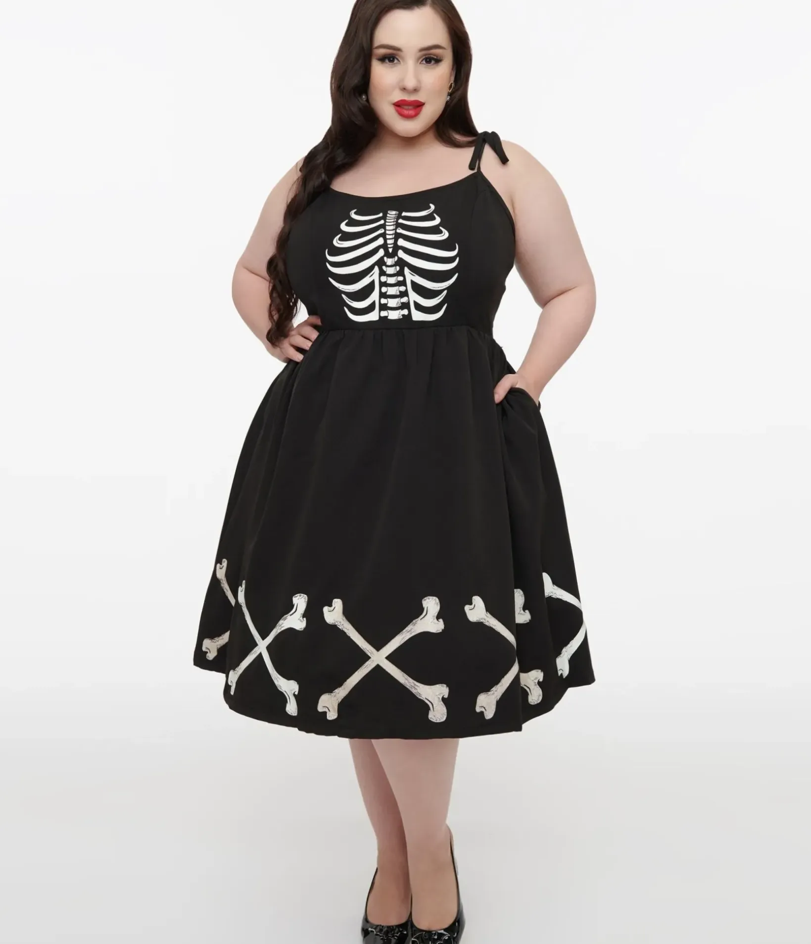 Unique Vintage Swing|Pocket Dresses>Plus Size 1950s Black & Glow in the Dark Skeleton Bobbie Swing Dress