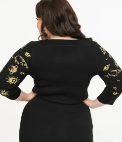 Unique Vintage Sweaters & Cardigans|Sweaters & Cardigans>Plus Size 1950s Black & Gold Celestial Minou Sweater