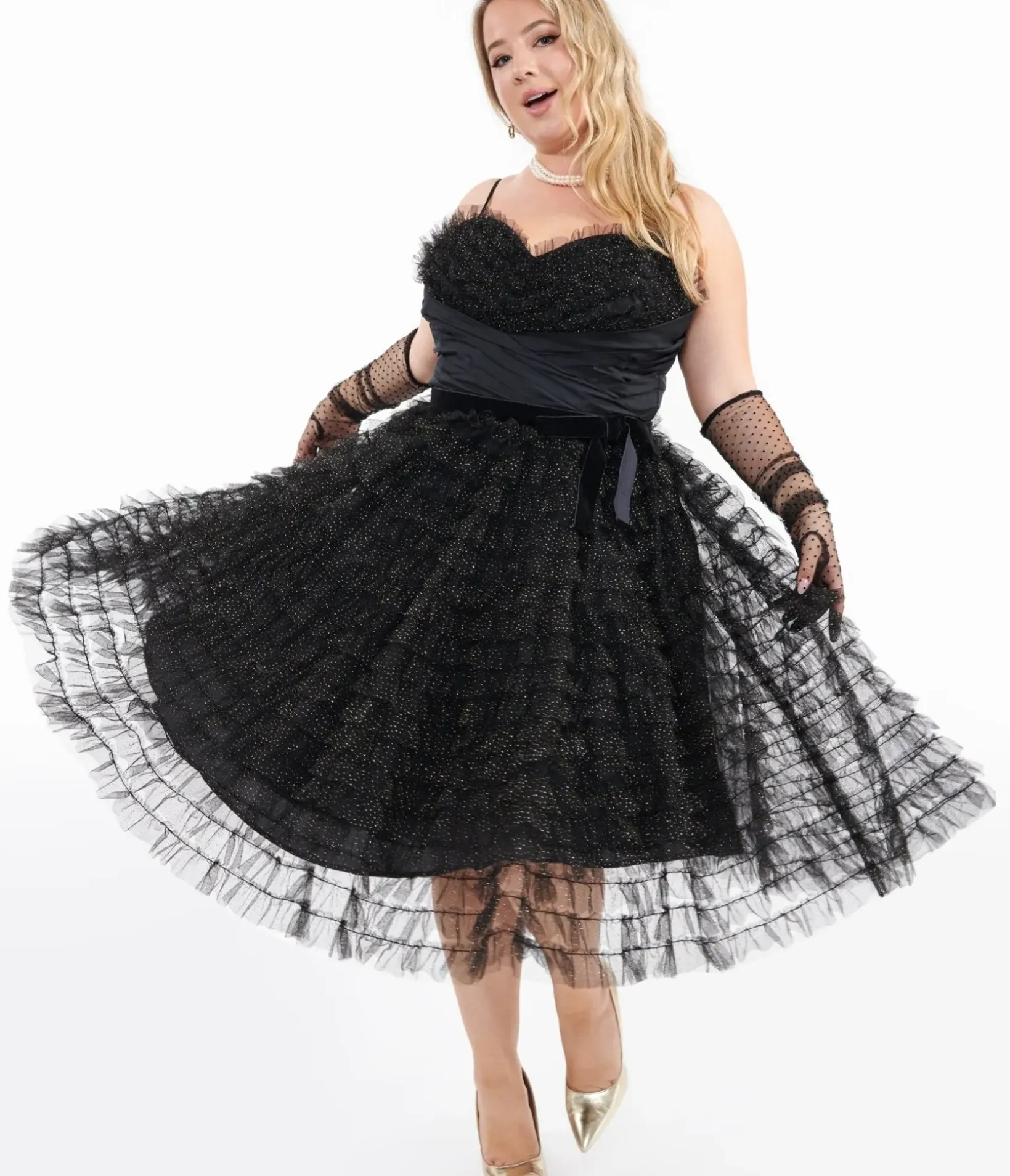 Unique Vintage Swing|Swing>Plus Size 1950s Black & Gold Glitter Tulle Cupcake Swing Dress