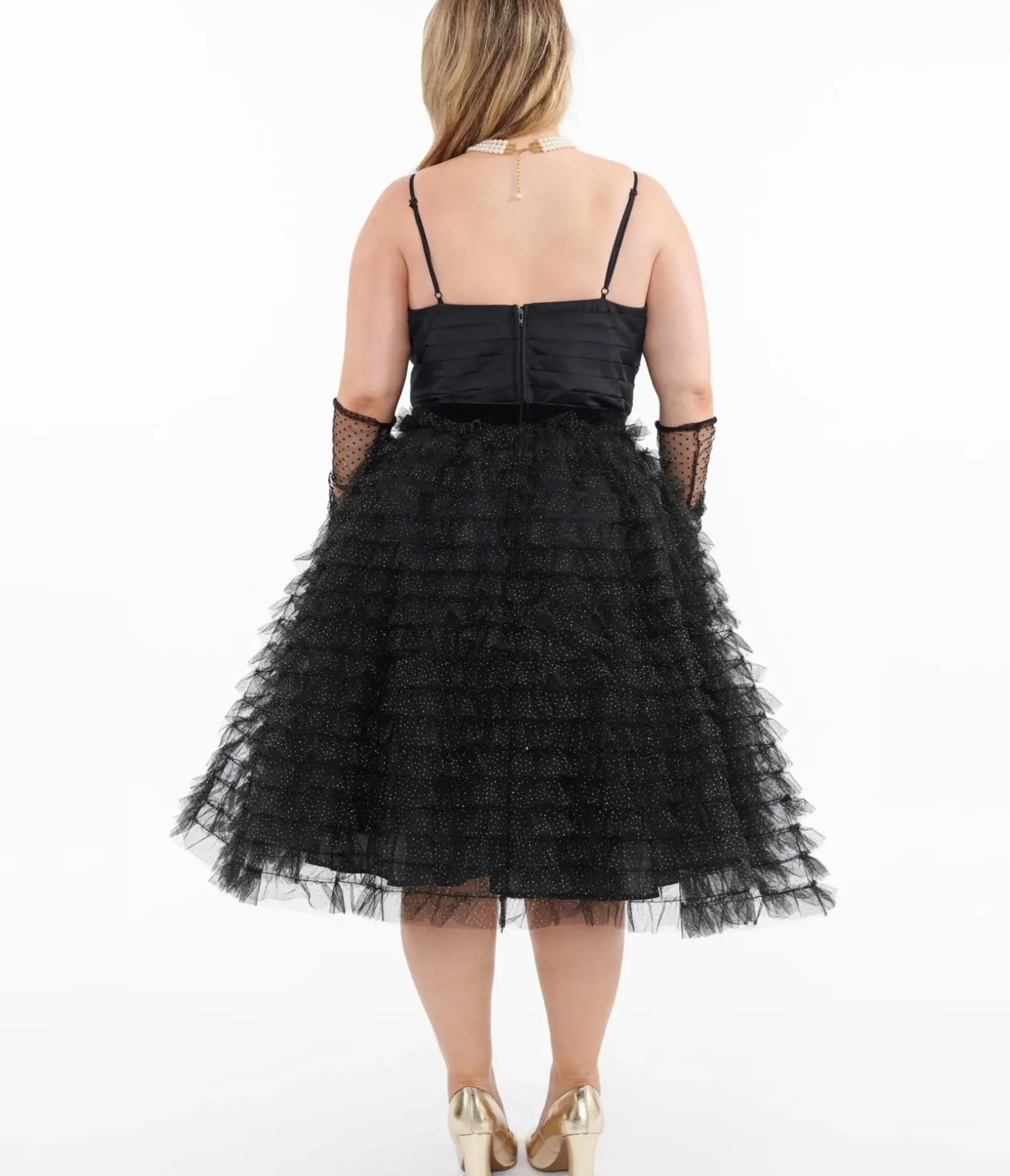 Unique Vintage Swing|Swing>Plus Size 1950s Black & Gold Glitter Tulle Cupcake Swing Dress