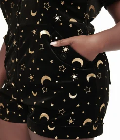 Unique Vintage Rompers & Jumpsuits|All Things Black>Plus Size 1960s Black & Gold Moon Print Mia Romper