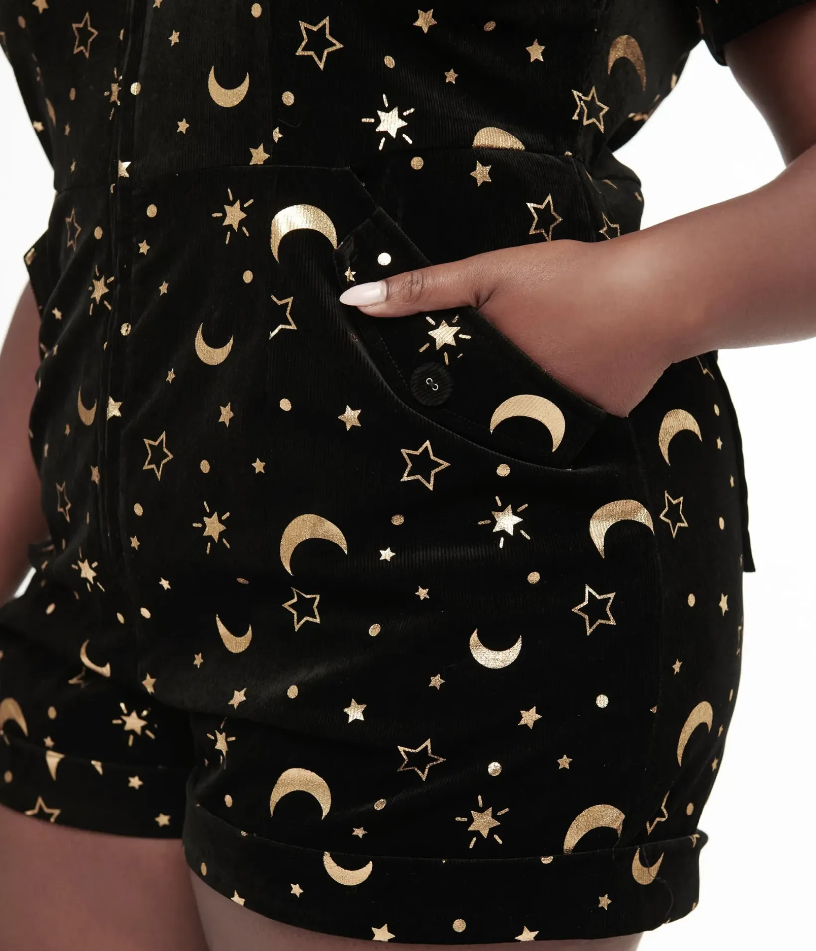 Unique Vintage Rompers & Jumpsuits|All Things Black>Plus Size 1960s Black & Gold Moon Print Mia Romper
