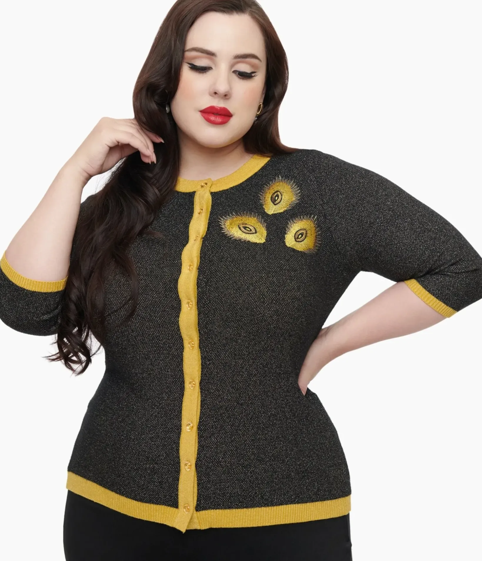 Unique Vintage Sweaters & Cardigans>Plus Size 1950s Black & Gold Peacock Feather Embroidered Bookworm Cardigan