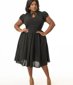 Unique Vintage Swing|Midi>Plus Size 1950s Black & Gold Pin Dot Dahlia Swing Dress