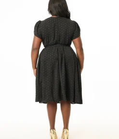 Unique Vintage Swing|Midi>Plus Size 1950s Black & Gold Pin Dot Dahlia Swing Dress