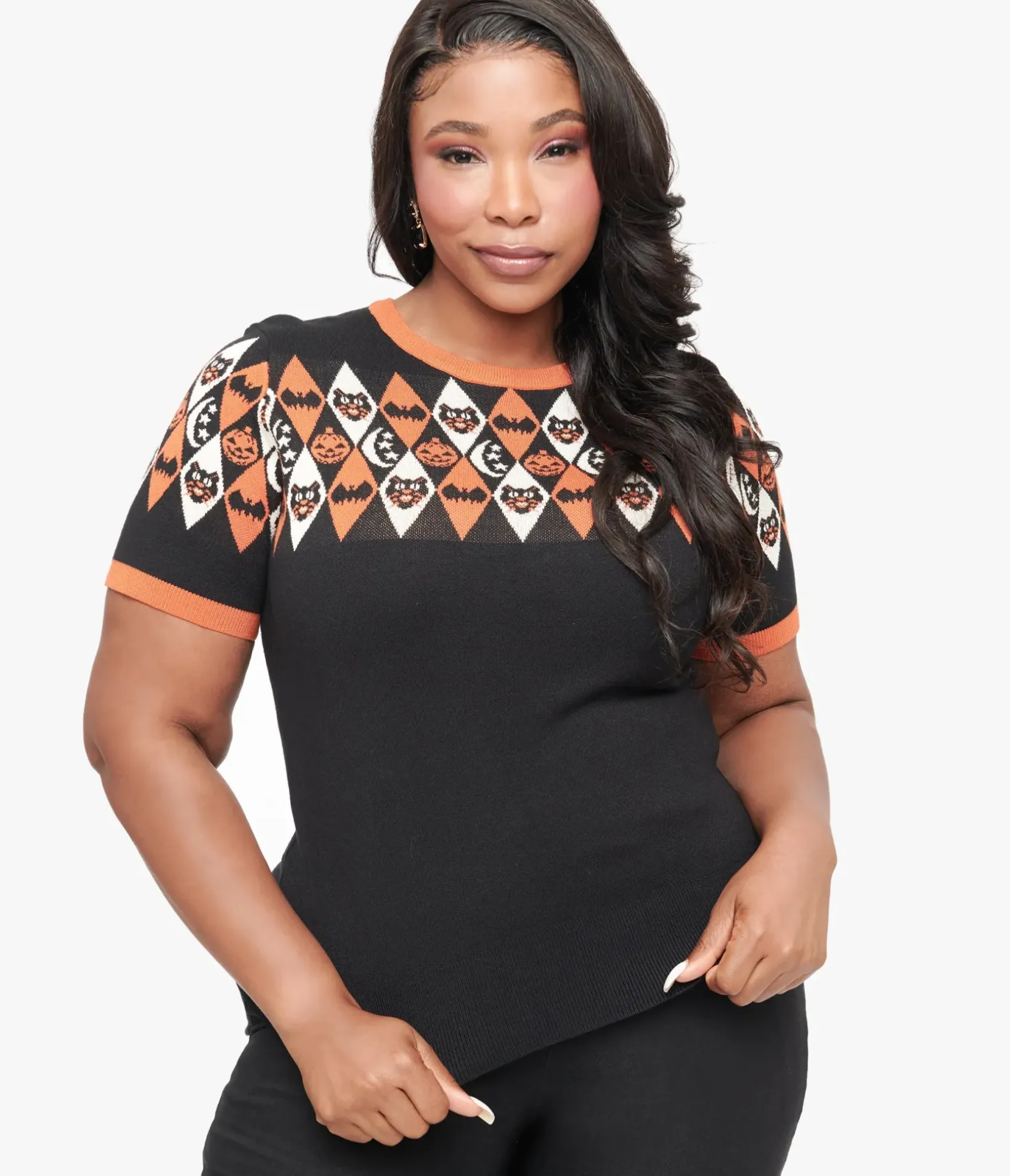 Unique Vintage Sweaters & Cardigans|Sweaters & Cardigans>Plus Size 1950s Black Halloween Argyle Sweater