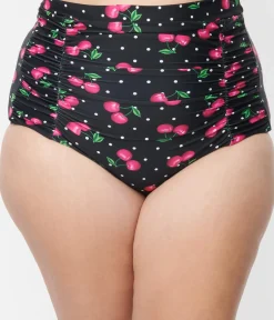 Unique Vintage Swim Bottoms|All Things Pink>Plus Size 1950s Black & Hot Pink Cherry Pin Dot Monroe Swim Bottom