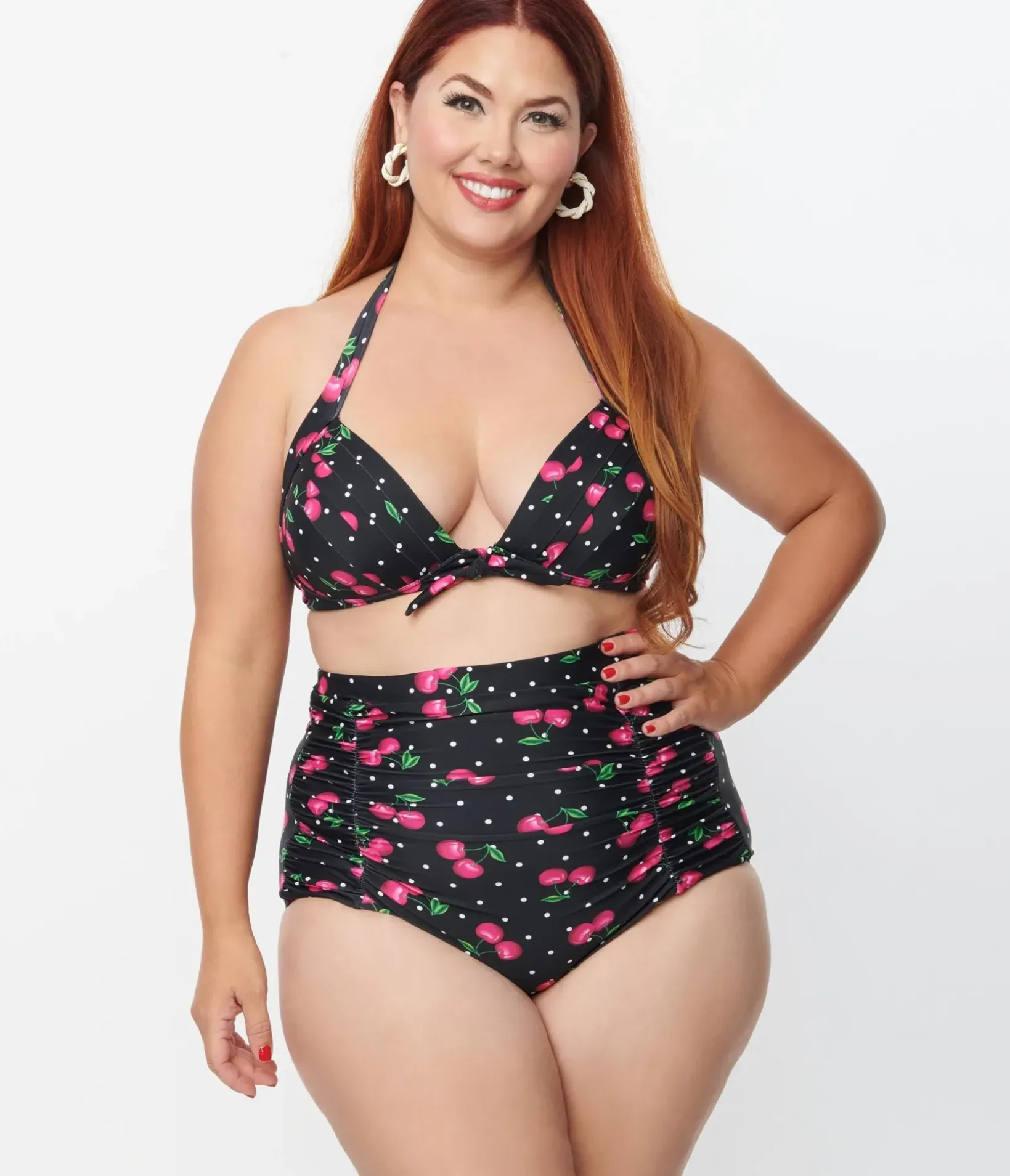 Unique Vintage Swim Bottoms|All Things Pink>Plus Size 1950s Black & Hot Pink Cherry Pin Dot Monroe Swim Bottom