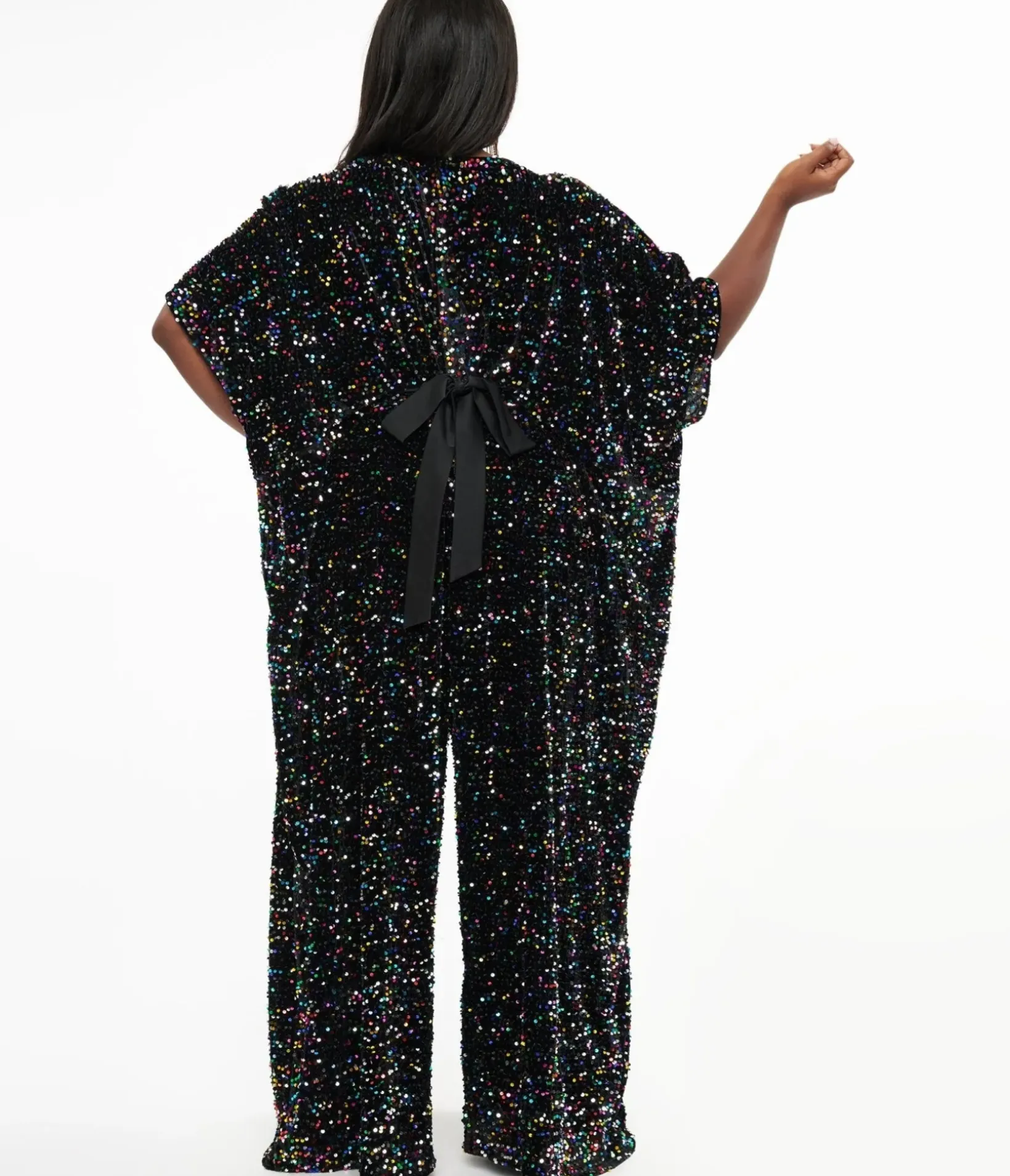 Unique Vintage Caftans|Caftans>Plus Size 1970s Black Iridescent Sequin Caftan Jumpsuit