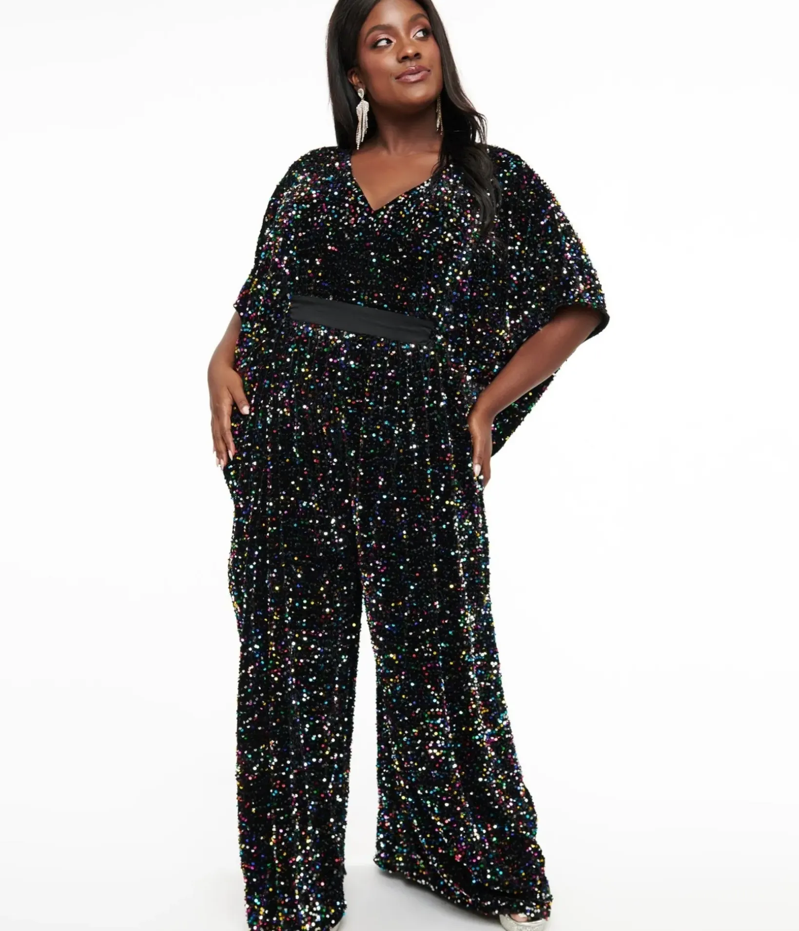 Unique Vintage Caftans|Caftans>Plus Size 1970s Black Iridescent Sequin Caftan Jumpsuit