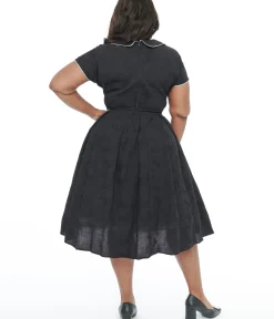 Unique Vintage Swing|Pocket Dresses>Plus Size 1950s Black & Ivory Polka Dot Bow Cotton Swing Dress