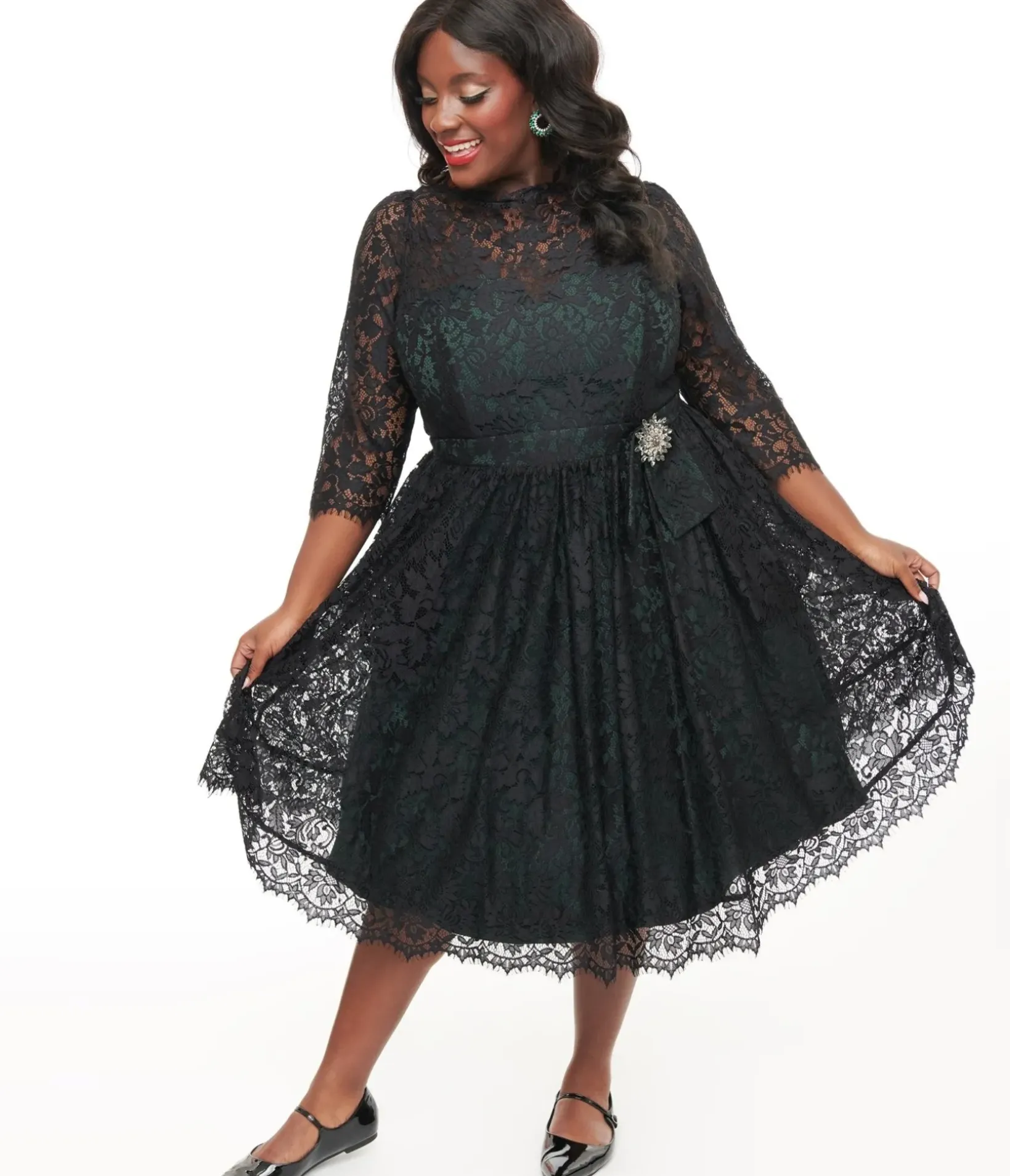 Unique Vintage Swing|Swing>Plus Size 1940s Black Lace Swing Dress