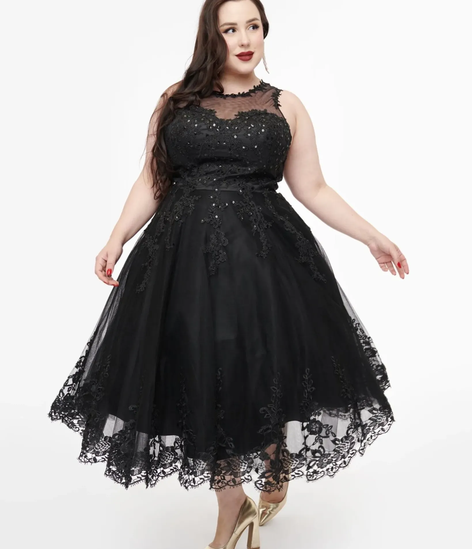 Unique Vintage Swing|Swing>Plus Size 1950s Black Lace & Tulle Riviera Dress