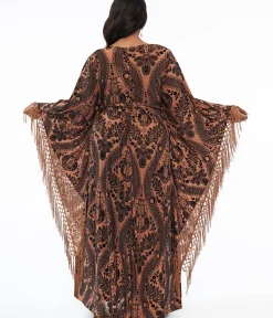 Unique Vintage Caftans|Caftans>Plus Size 1960s Black & Nude Floral Fringe Flutter Sleeve Caftan