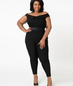 Unique Vintage Rompers & Jumpsuits|Rompers & Jumpsuits>Plus Size 1950s Black Off Shoulder Gillian Jumpsuit