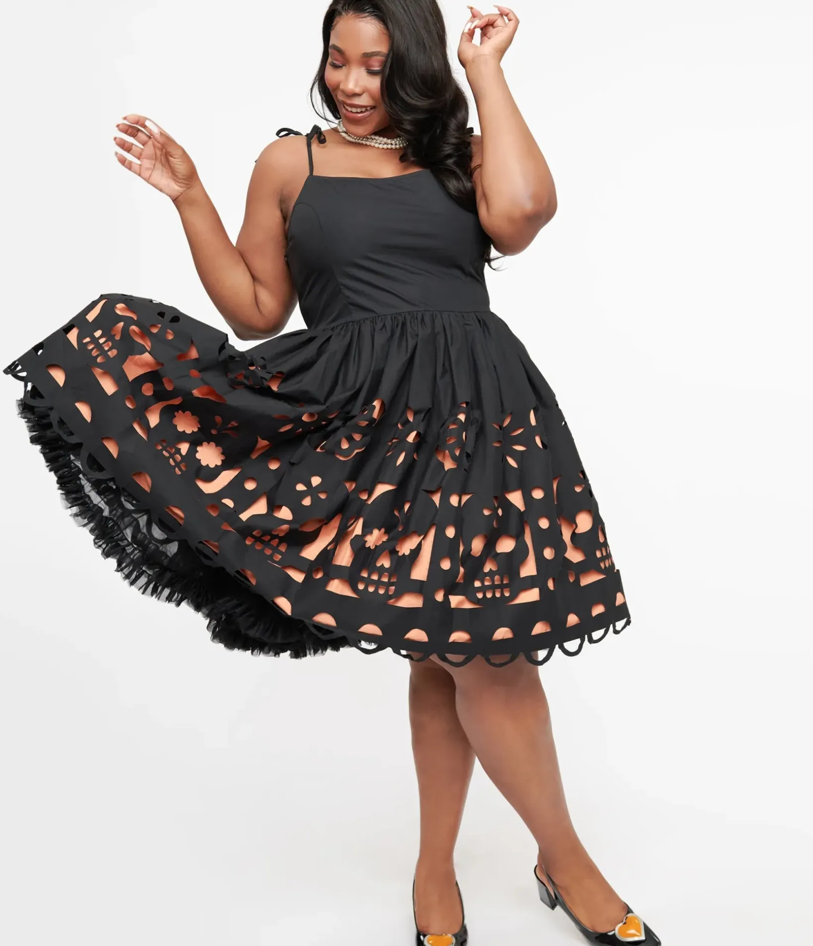 Unique Vintage Everyday Dresses|All Things Black>Plus Size 1950s Black & Orange Dia De Los Muertos Cutout Bobbie Swing Dress