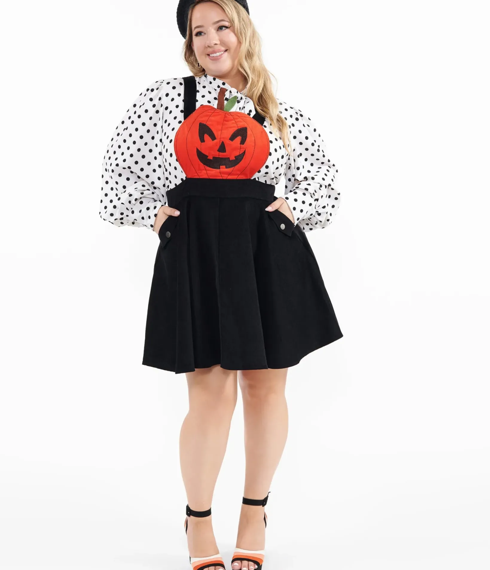 Unique Vintage Skirts|Skirts>Plus Size 1950s Black & Orange Jack-O-Lantern Pinafore