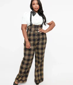 Unique Vintage Pants|Pants>Plus Size 1930s Black & Orange Plaid Thelma Suspender Pants