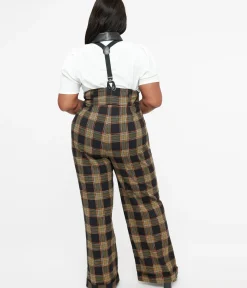 Unique Vintage Pants|Pants>Plus Size 1930s Black & Orange Plaid Thelma Suspender Pants