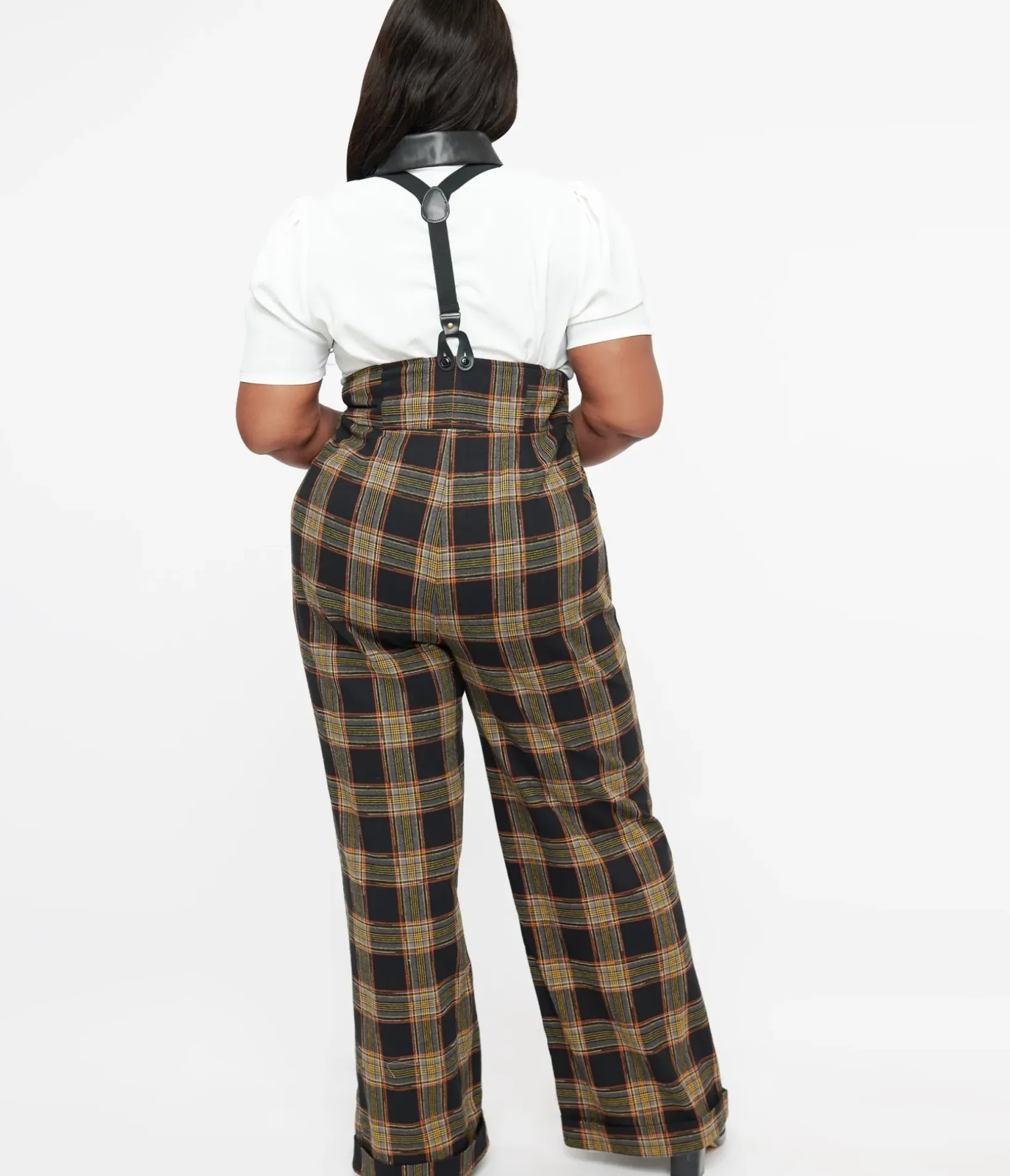 Unique Vintage Pants|Pants>Plus Size 1930s Black & Orange Plaid Thelma Suspender Pants
