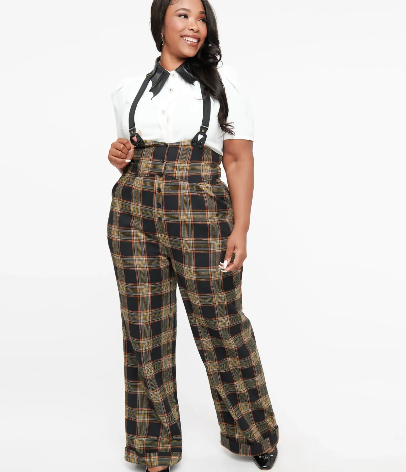 Unique Vintage Pants|Pants>Plus Size 1930s Black & Orange Plaid Thelma Suspender Pants