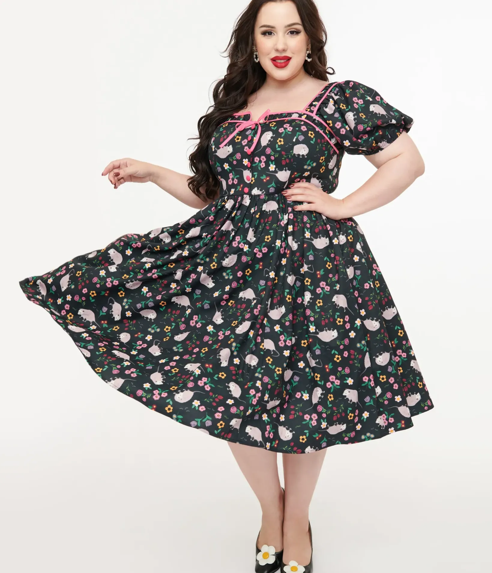 Unique Vintage Swing|Swing>Plus Size 1940s Black & Pink Awesome Possum Button Front Swing Dress