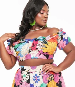 Unique Vintage Blouses|Blouses>Plus Size 1970s Black & Pink Floral Off Ruffle Up Crop Top