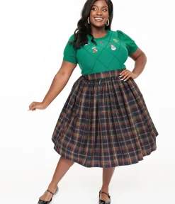 Unique Vintage Skirts|Skirts>Plus Size 1950s Black Plaid Gellar Swing Skirt