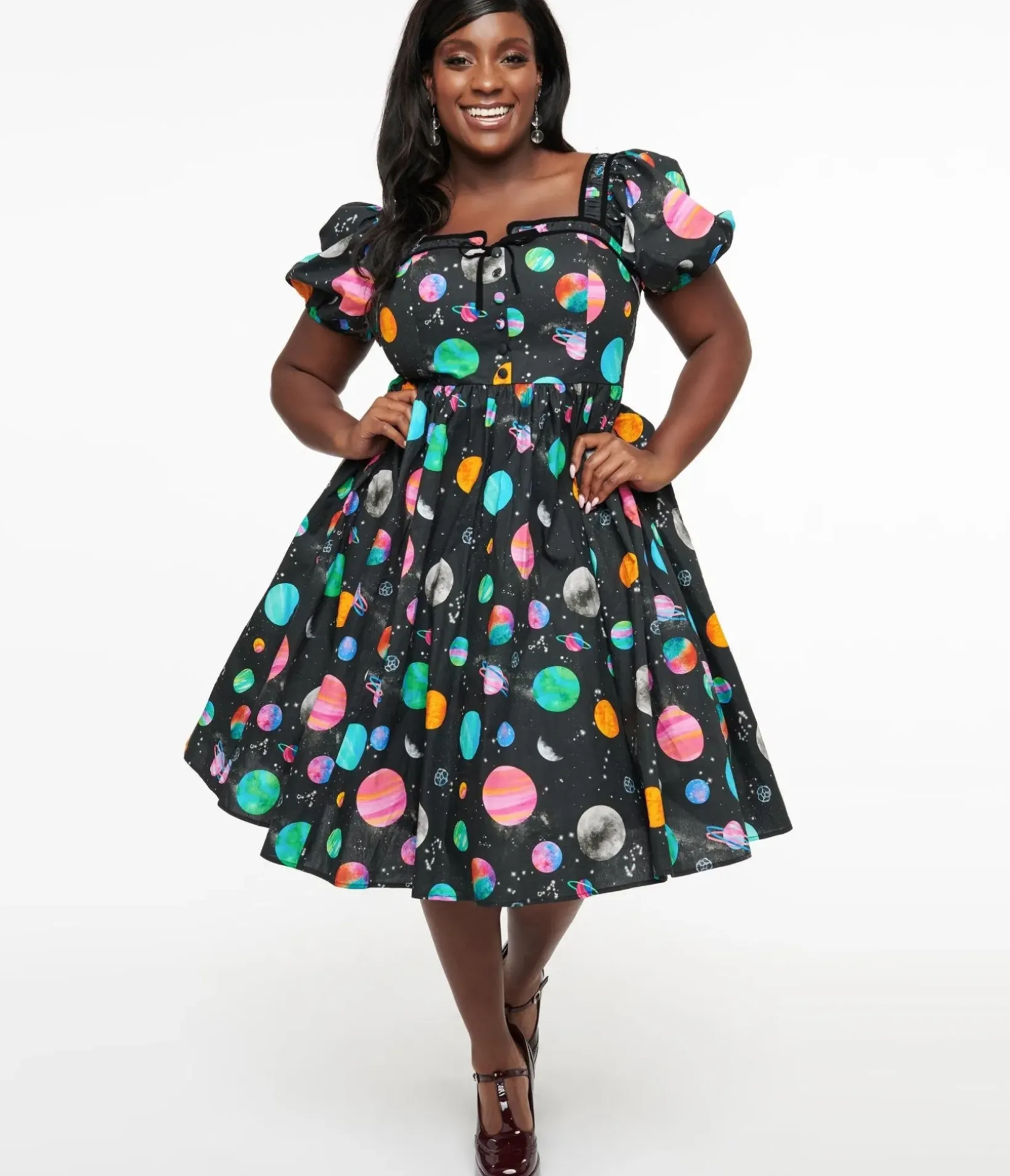 Unique Vintage Swing|Swing>Plus Size 1940s Black Planet Print Button Front Dress