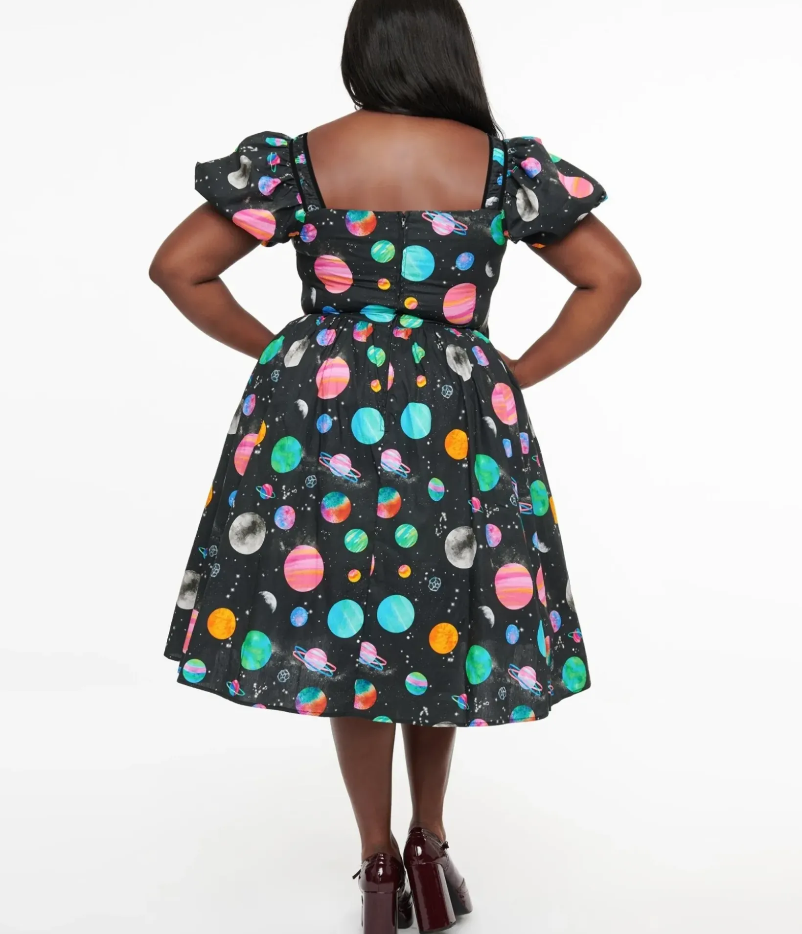 Unique Vintage Swing|Swing>Plus Size 1940s Black Planet Print Button Front Dress