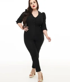 Unique Vintage Rompers & Jumpsuits|Rompers & Jumpsuits>Plus Size 1950s Black Puff Sleeve Jumpsuit