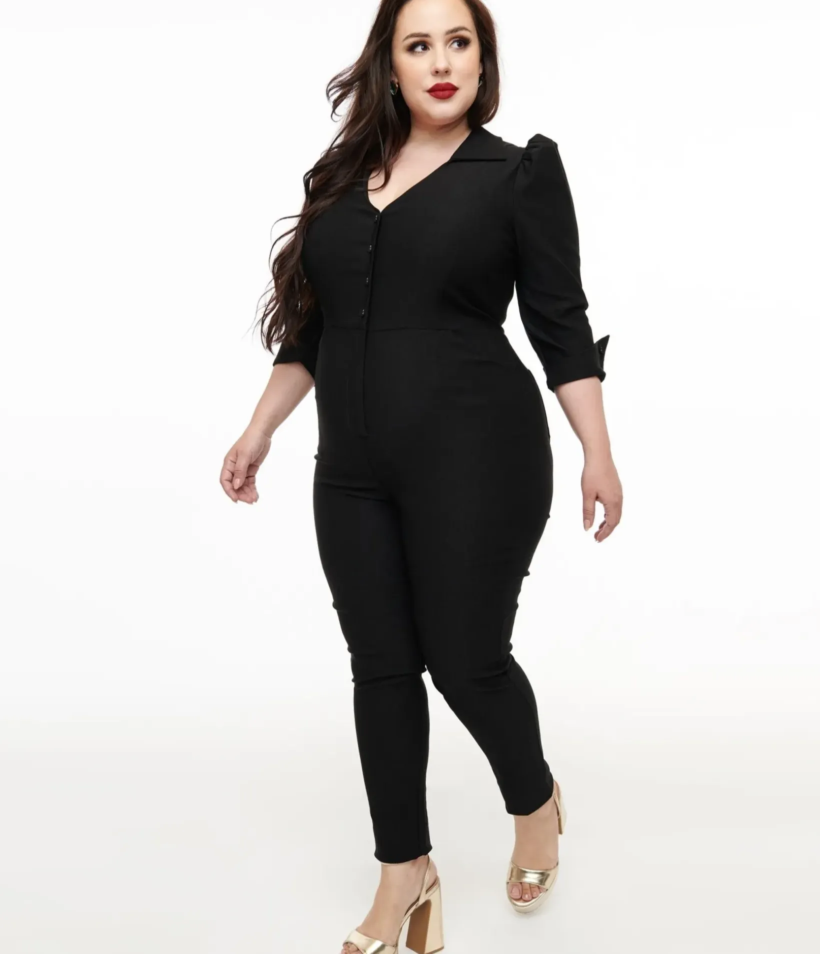 Unique Vintage Rompers & Jumpsuits|Rompers & Jumpsuits>Plus Size 1950s Black Puff Sleeve Jumpsuit