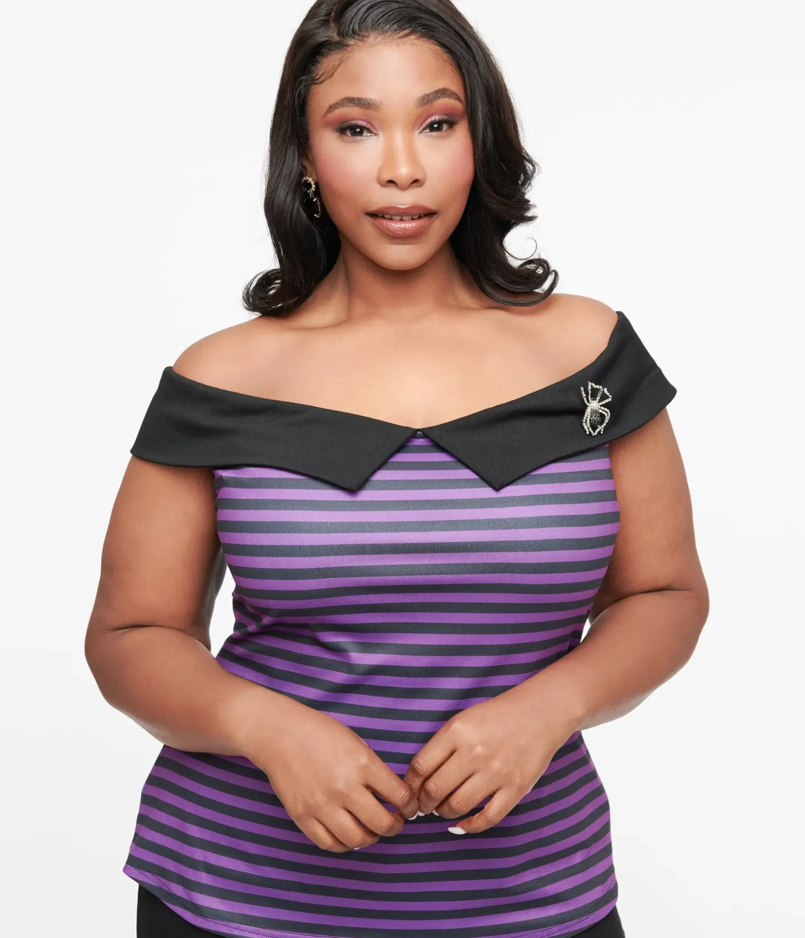 Unique Vintage All Things Black|Halloween>Plus Size 1950s Black & Purple Stripe Maraschino Top