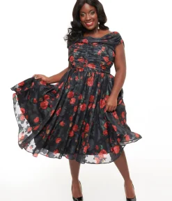 Unique Vintage Swing|Swing>Plus Size 1950s Black & Red Rose Off The Shoulder Cocktail Dress