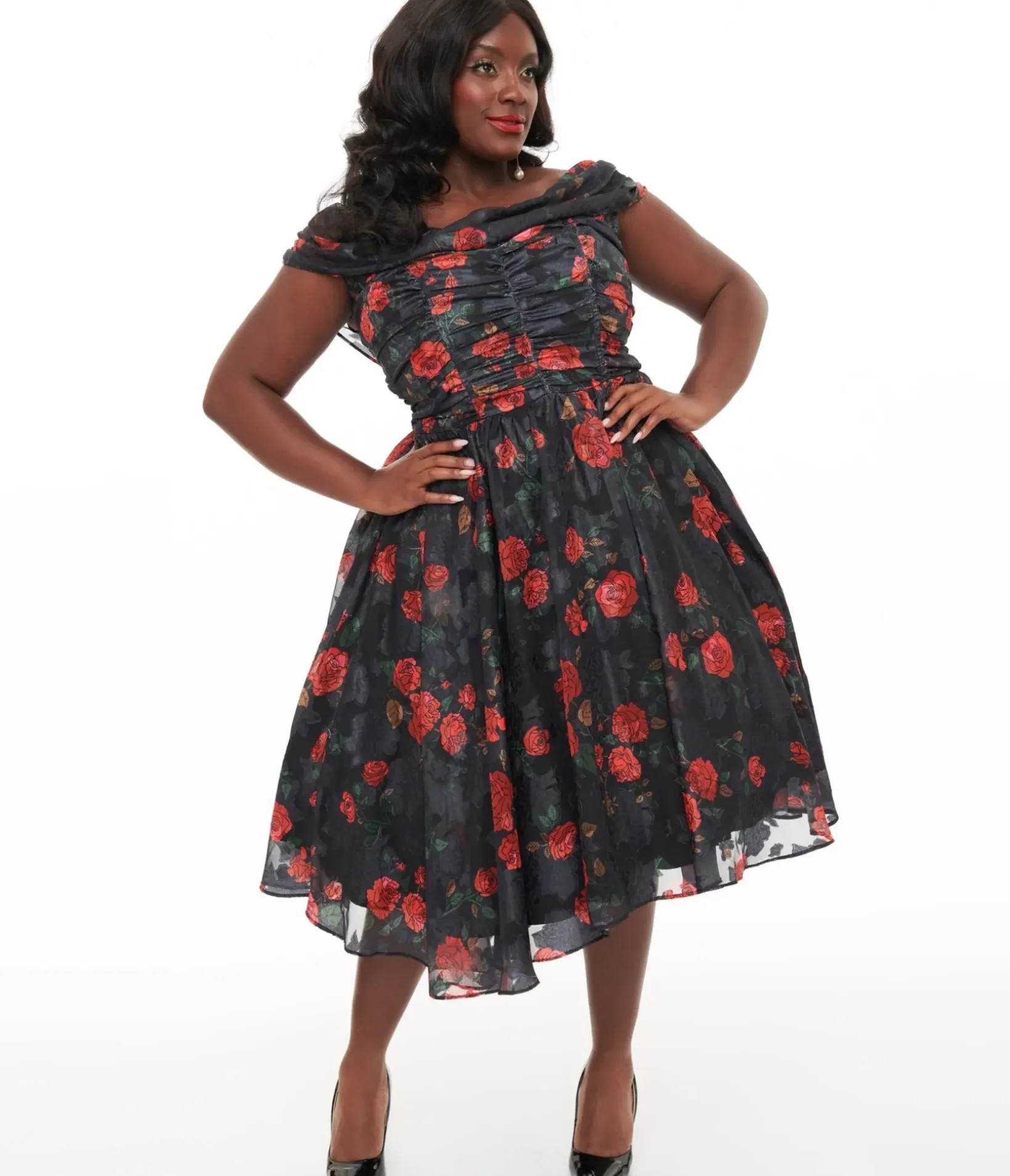 Unique Vintage Swing|Swing>Plus Size 1950s Black & Red Rose Off The Shoulder Cocktail Dress