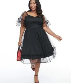 Unique Vintage Swing|Swing>Plus Size 1950s Black Ruffle Sweetheart Swing Dress