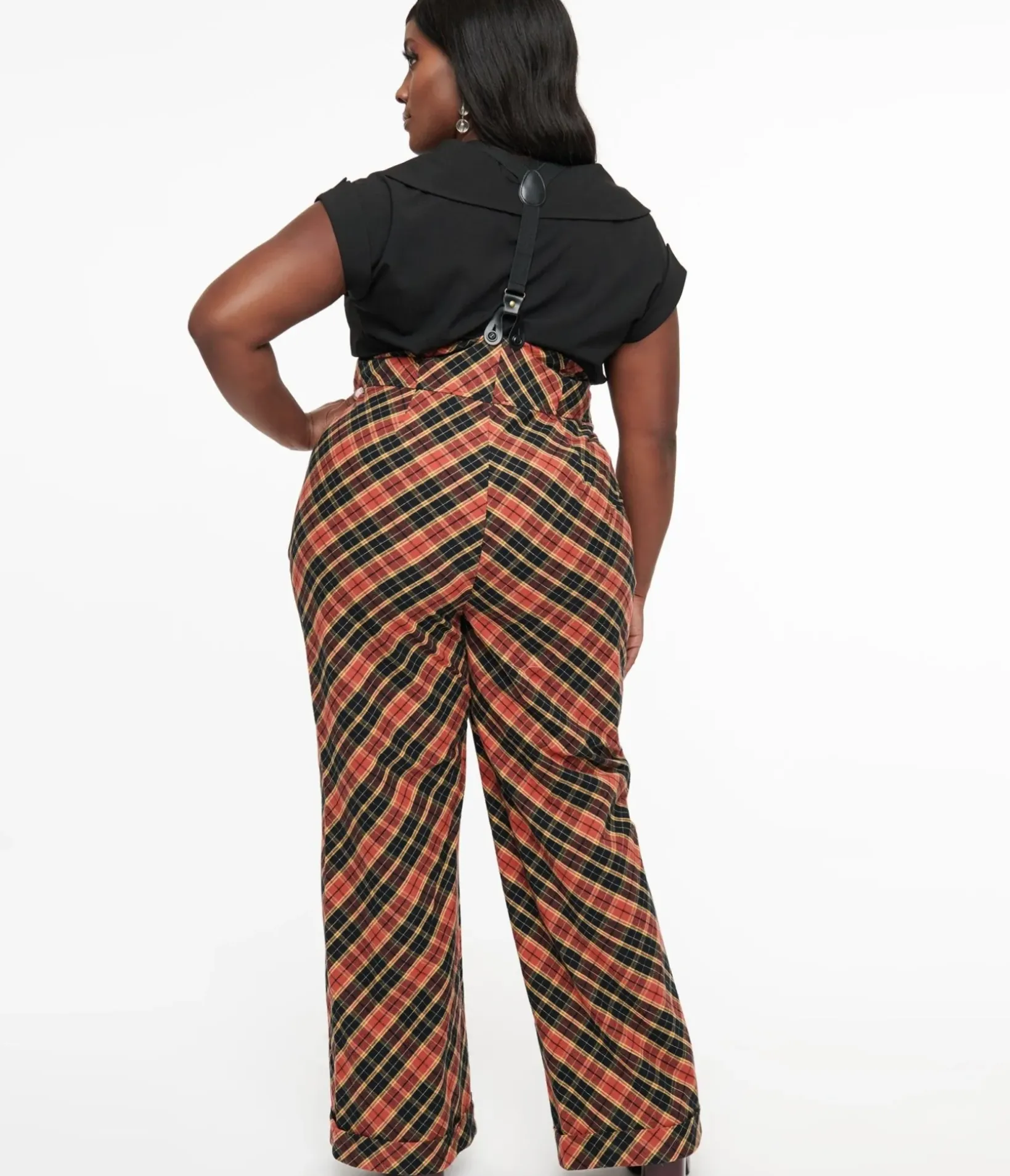 Unique Vintage Pants|Pants>Plus Size 1930s Black & Rust Plaid Thelma Suspender Pants