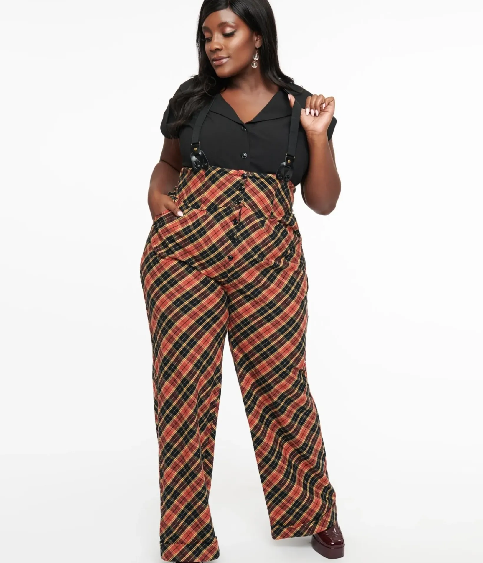 Unique Vintage Pants|Pants>Plus Size 1930s Black & Rust Plaid Thelma Suspender Pants