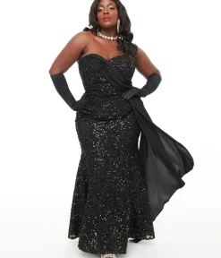 Unique Vintage Everyday Dresses|Special Occasion>Plus Size 1930s Black Sequin Lace Mermaid Dress