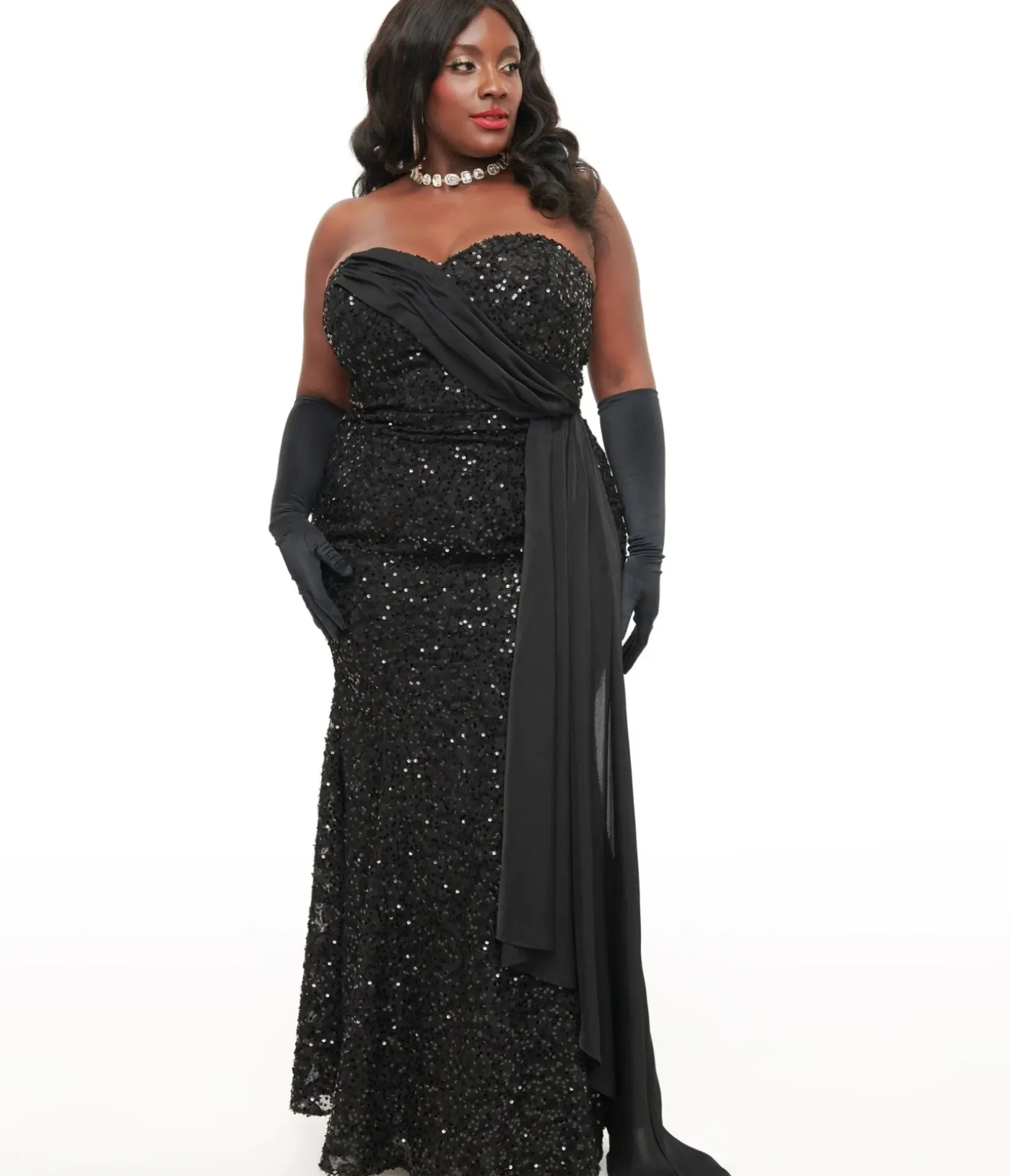 Unique Vintage Everyday Dresses|Special Occasion>Plus Size 1930s Black Sequin Lace Mermaid Dress