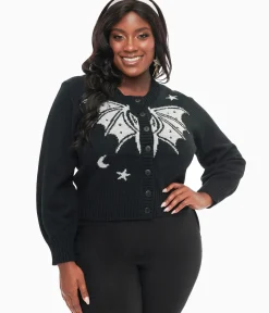 Unique Vintage Sweaters & Cardigans|All Things Black>Plus Size 1950s Black & Silver Bat Cropped Cardigan