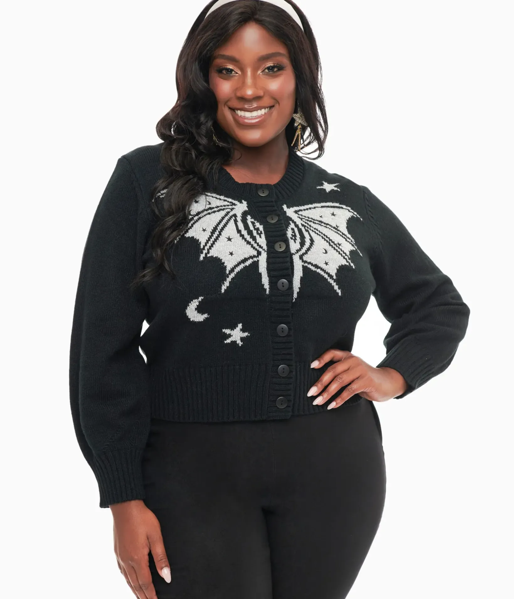 Unique Vintage Sweaters & Cardigans|All Things Black>Plus Size 1950s Black & Silver Bat Cropped Cardigan