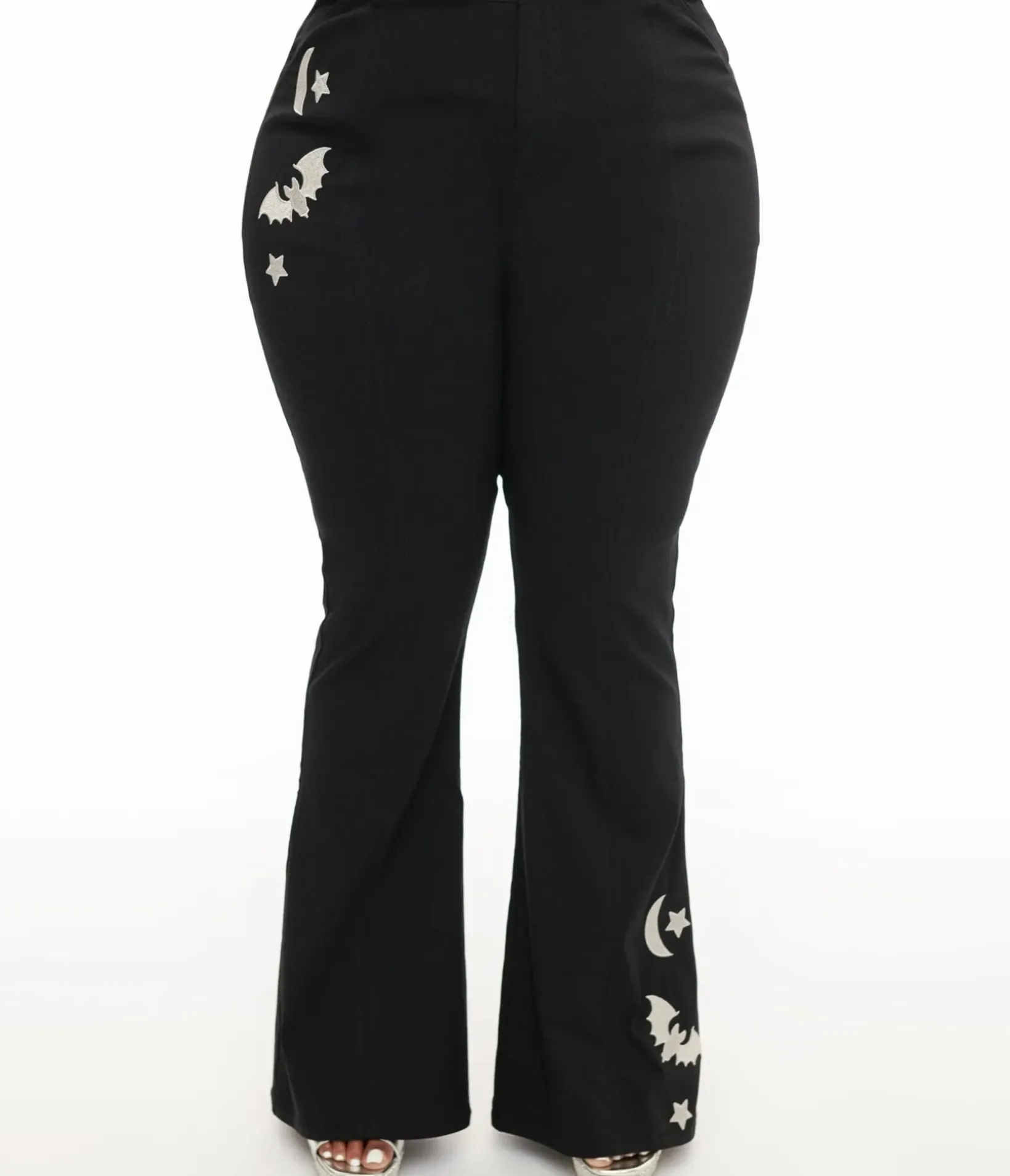 Unique Vintage Pants|Pants>Plus Size 1970s Black & Silver Bats Flare Pants