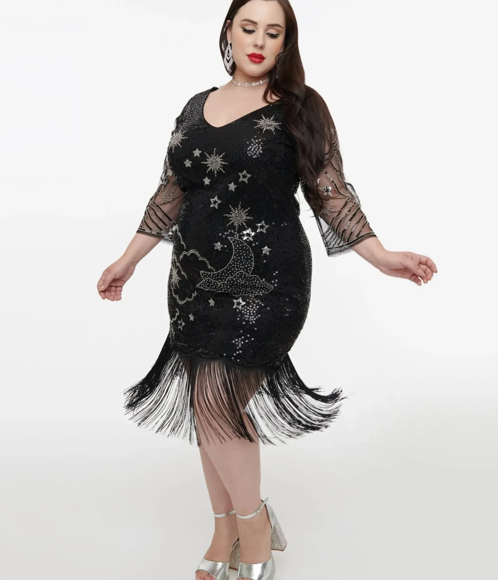 Unique Vintage Special Occasion|All Things Black>Plus Size 1920s Black & Silver Moon & Stars Sequin Margaux Flapper Dress