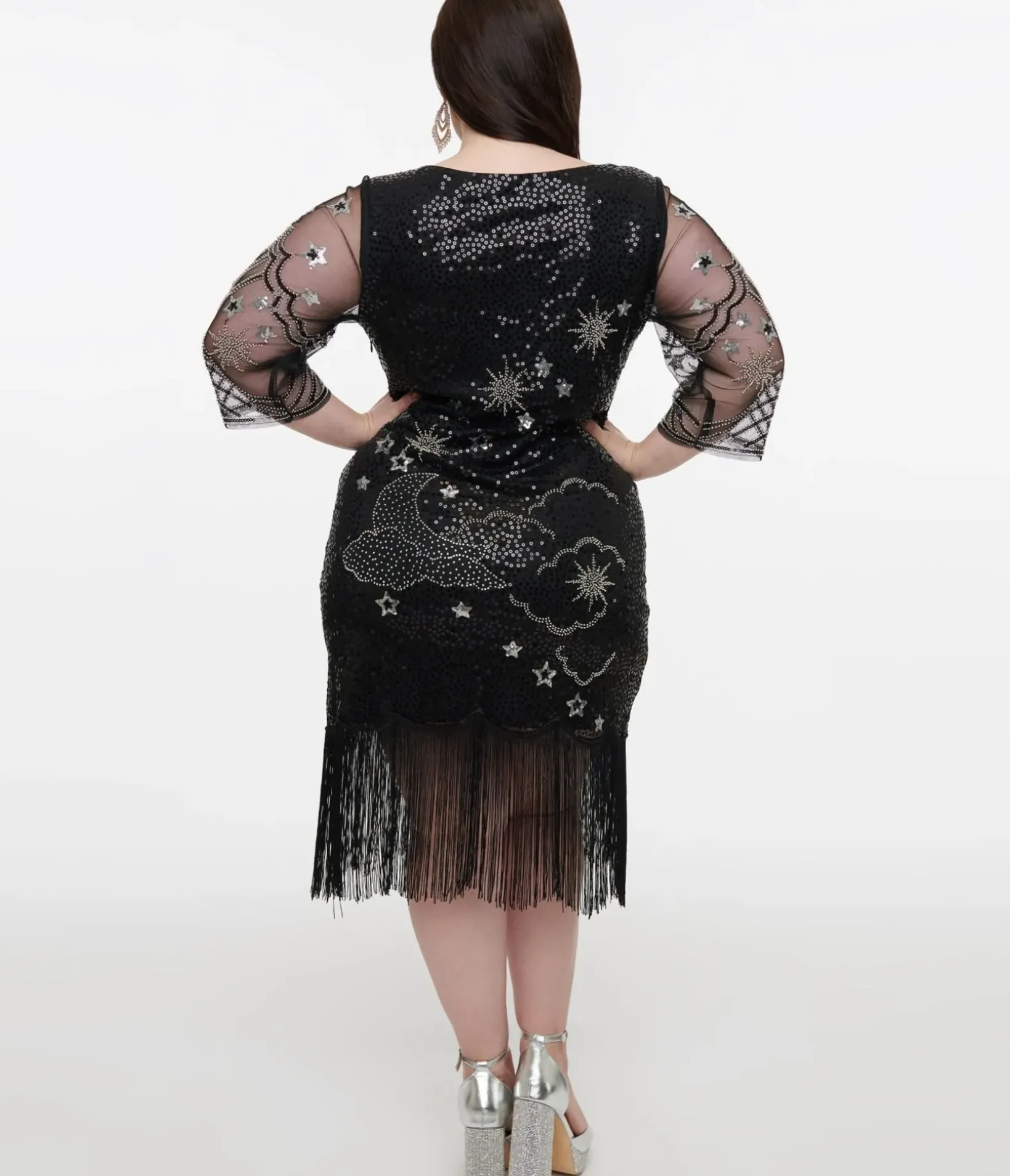 Unique Vintage Special Occasion|All Things Black>Plus Size 1920s Black & Silver Moon & Stars Sequin Margaux Flapper Dress