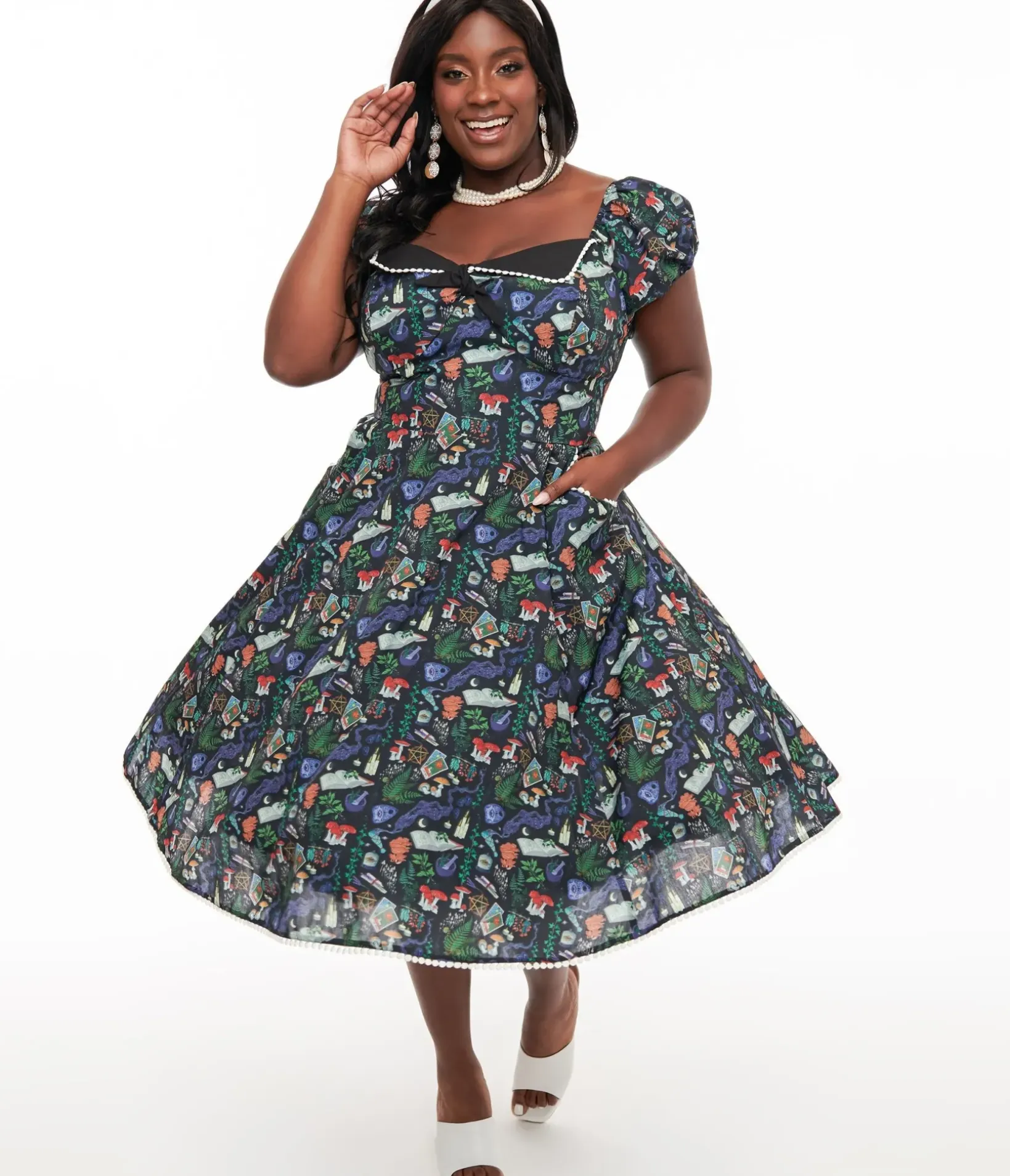 Unique Vintage Swing|Pocket Dresses>Plus Size 1950s Black Spellbinding Print Swing Dress