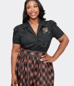 Unique Vintage All Things Black|Halloween>Plus Size 1940s Black Spooky Cat Cotton Blouse