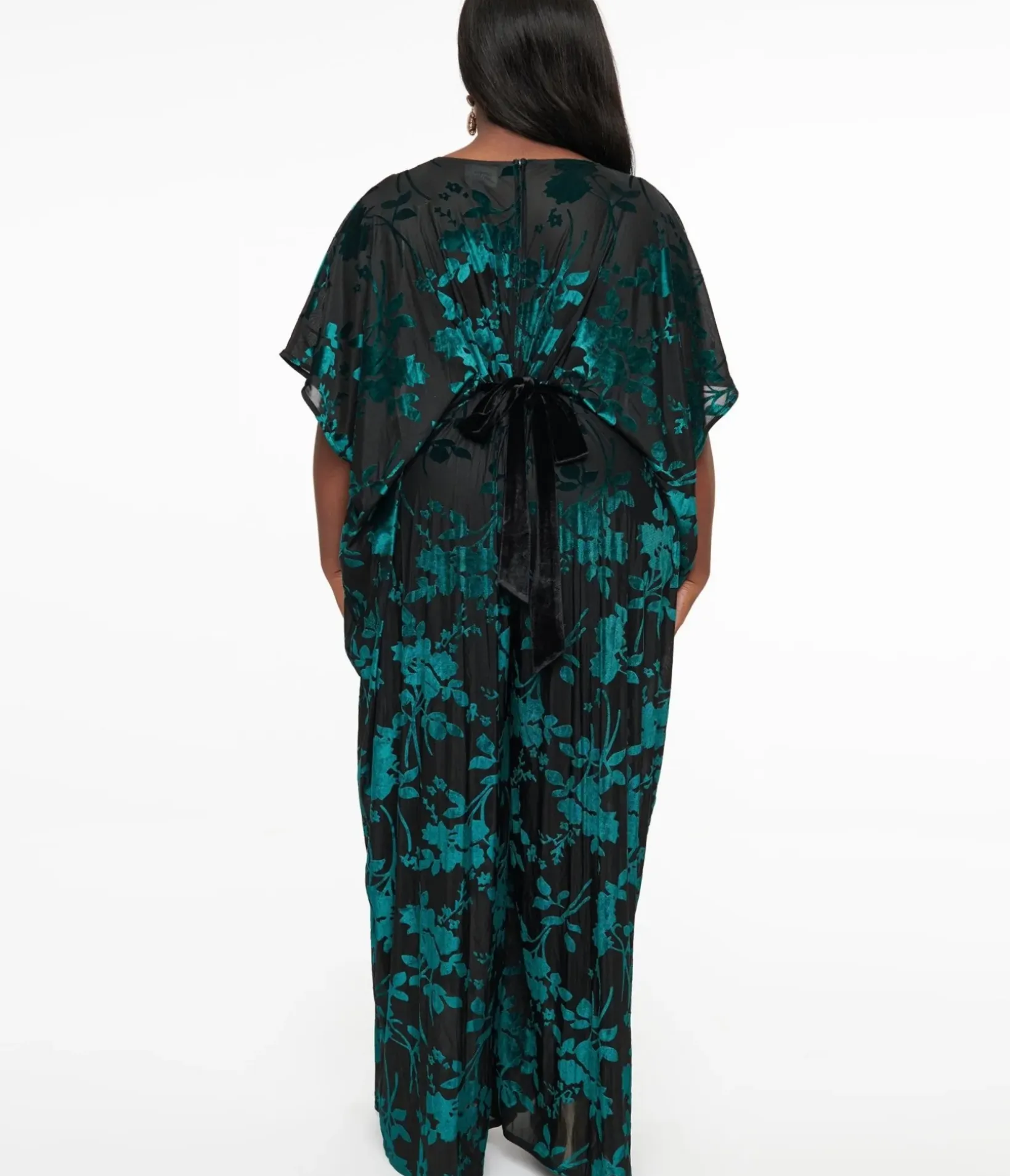 Unique Vintage Caftans|Caftans>Plus Size 1970s Black & Teal Velvet Floral Burnout Caftan Jumpsuit